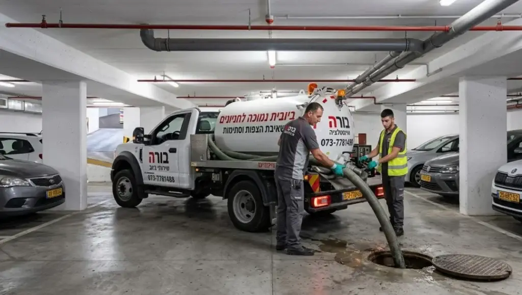 רכב ביובית נמוכה של חברת בורה שירותי ביוב מבצע שאיבת ביוב בחניון תת-קרקעי בעל תקרה נמוכה. פתרון מתקדם למקומות עם גישה מוגבלת.